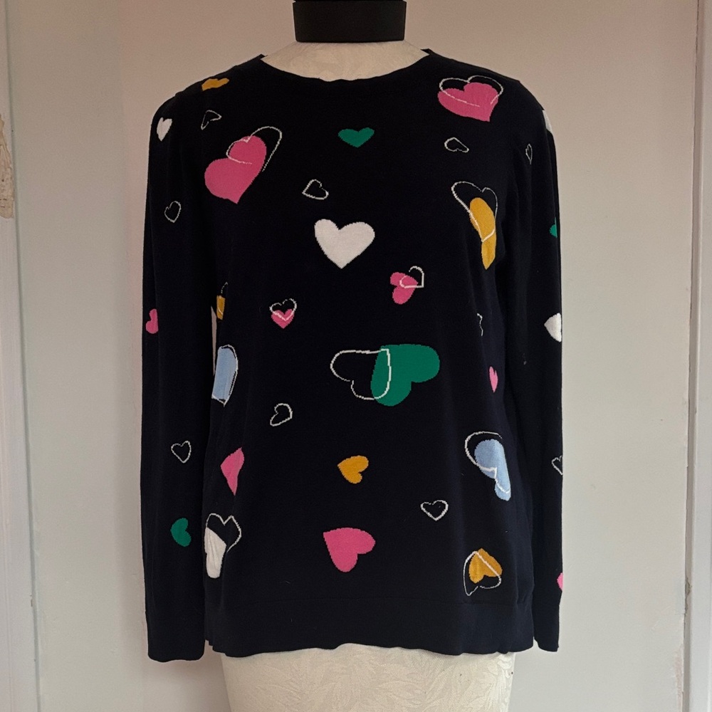Talbots Navy Sweater with Multicolor Heart Design